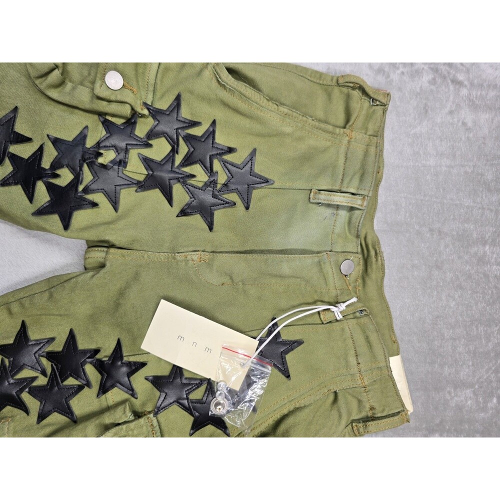 ​MNML Star Cargo Pants Size 28 Green Black Gradient Two Tone Leather Stars Y2K - Picture 2 of 10
